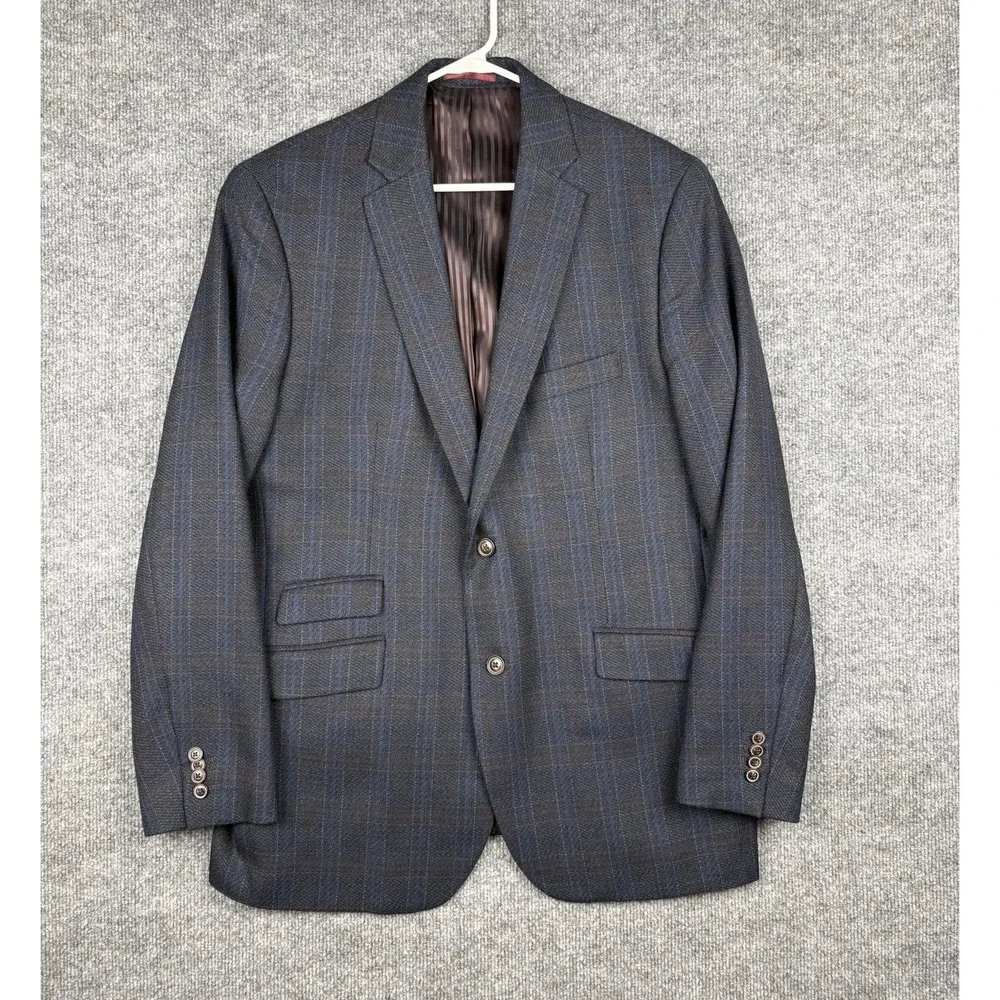 Johnston & Murphy Sport Coat Mens L Gray Blue Plaid 100% Wool Blazer Jacket